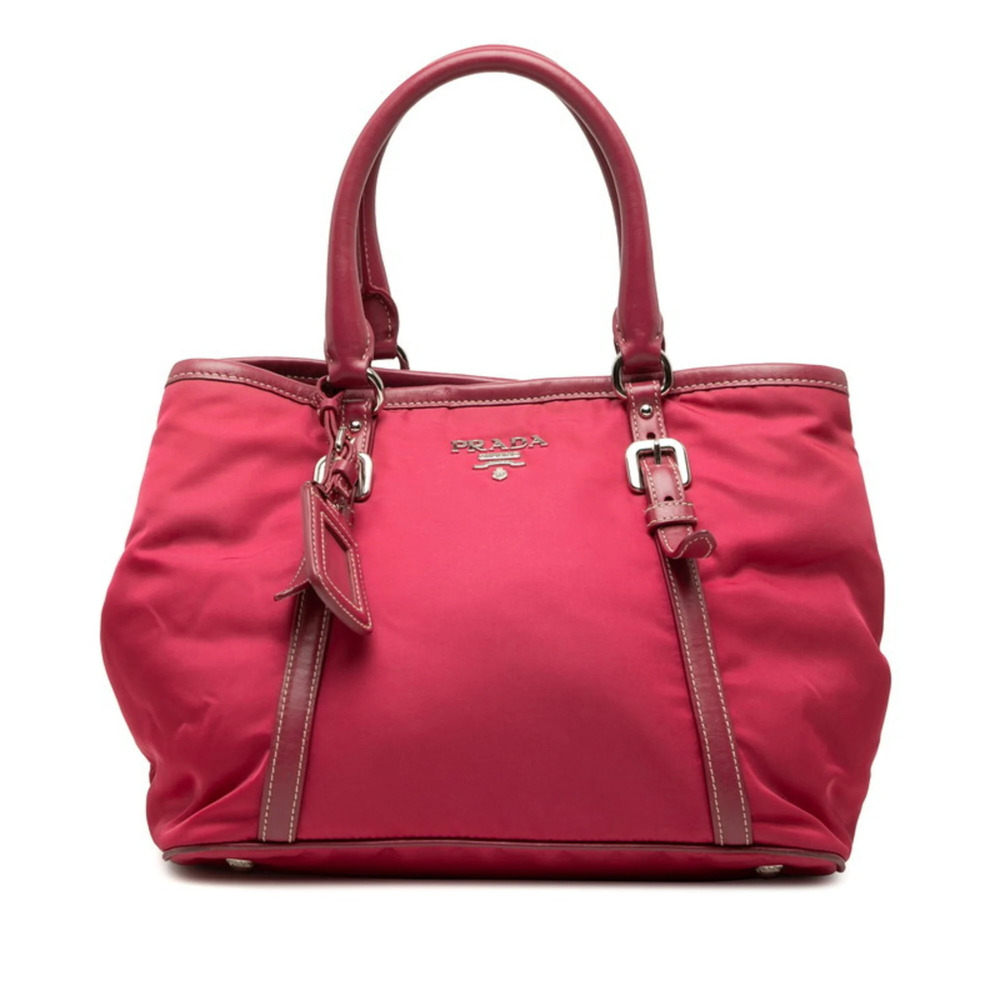 Prada Logo Tote Bag Handbag Pink Nylon Leather Women's PRADA